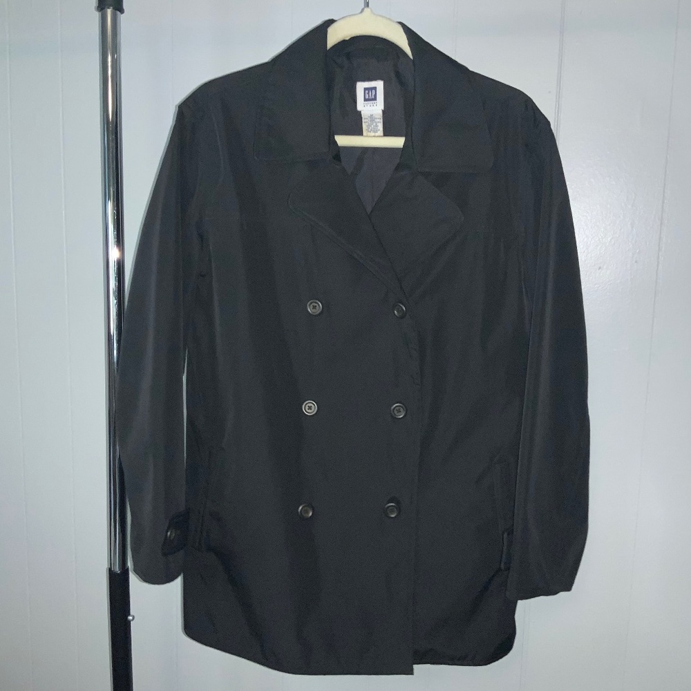 Gap black double breasted trench coat Sz M Lined water resistant Y2K - Picture 1 of 5